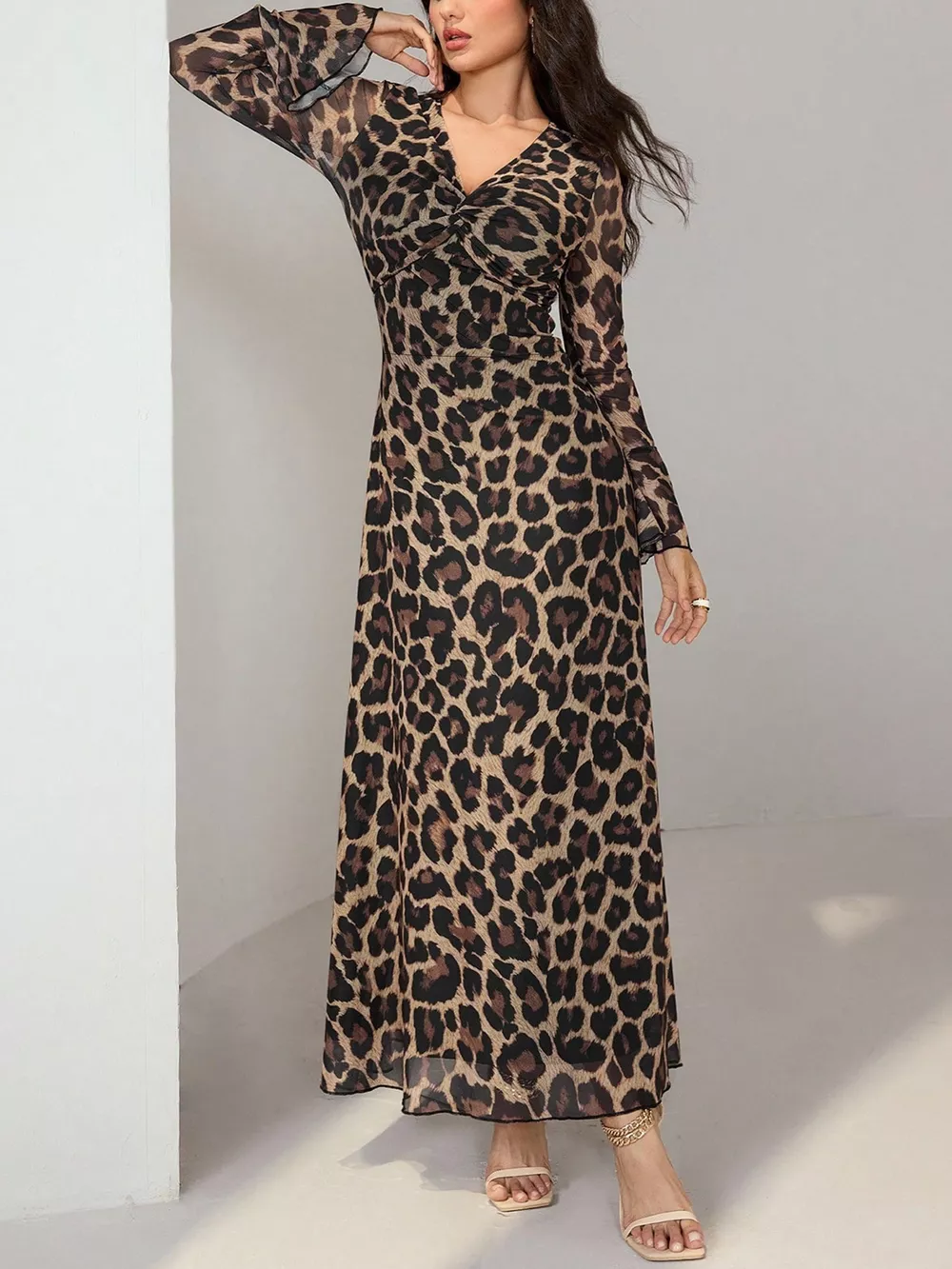 Leopard Print Flare Sleeve Maxi Dress, image 4