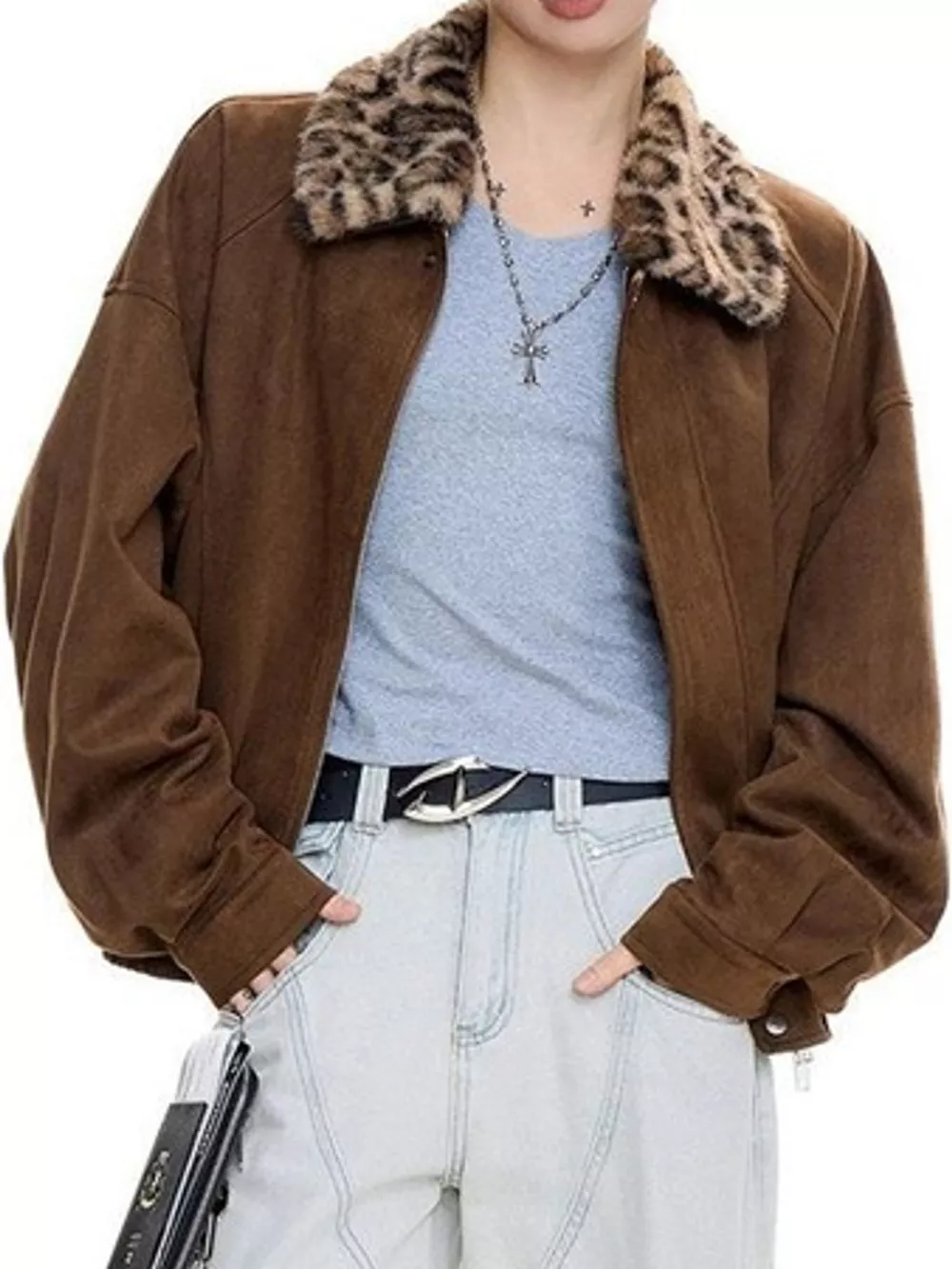 Faux Fur Collar Zip Up Jacket, image 2