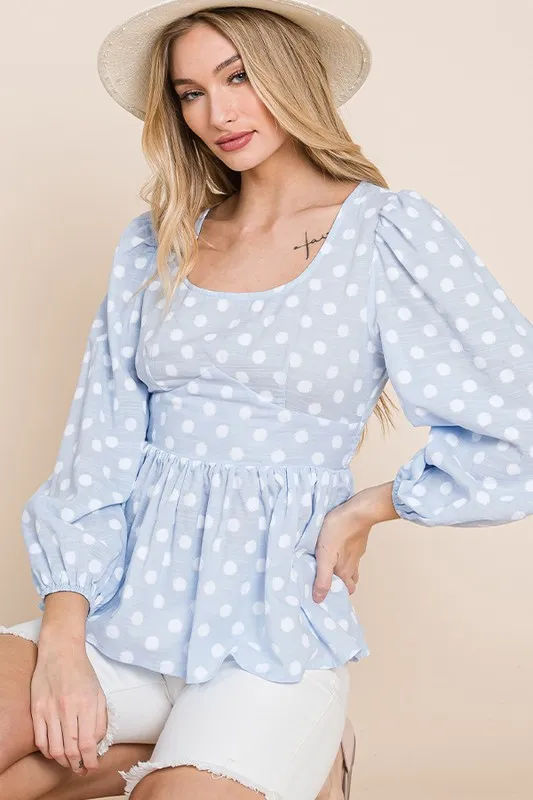 Polka Dot Print Balloon Sleeve Babydoll Peplum Top, image 3
