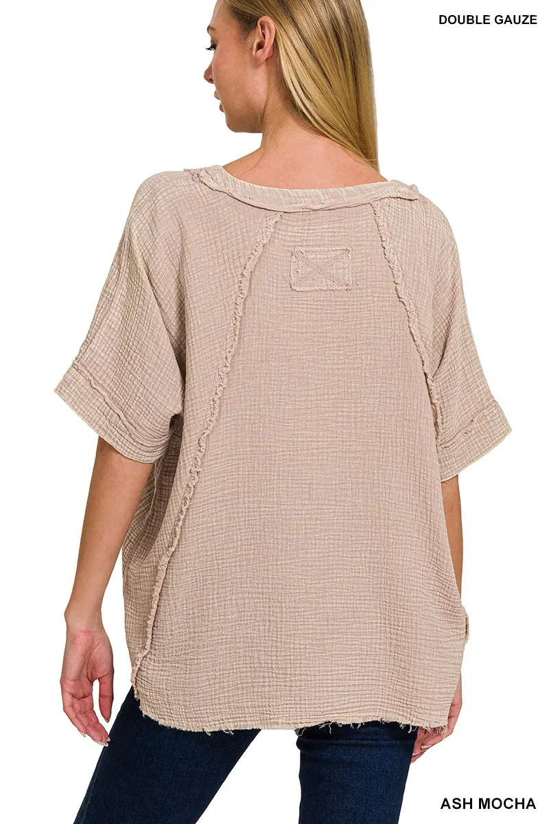 Washed Double Gauze Exposed Seam Short Sleeve Top, image 3