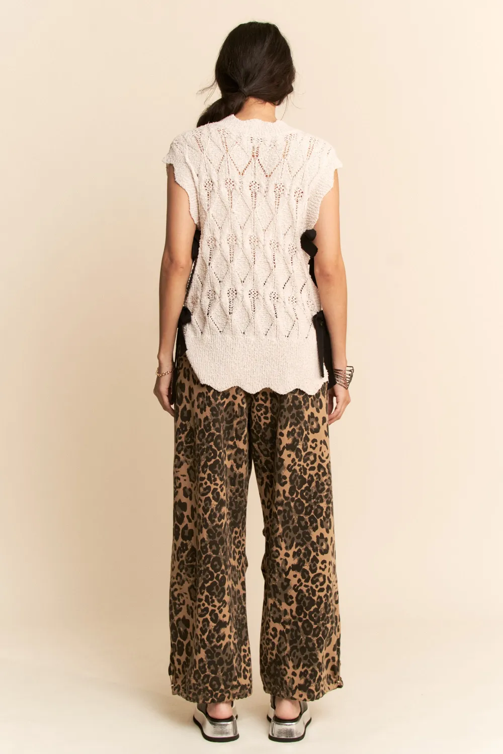 Ribbon Bow Ties Scalloped Trim Knit Semi Crop Top, image 7