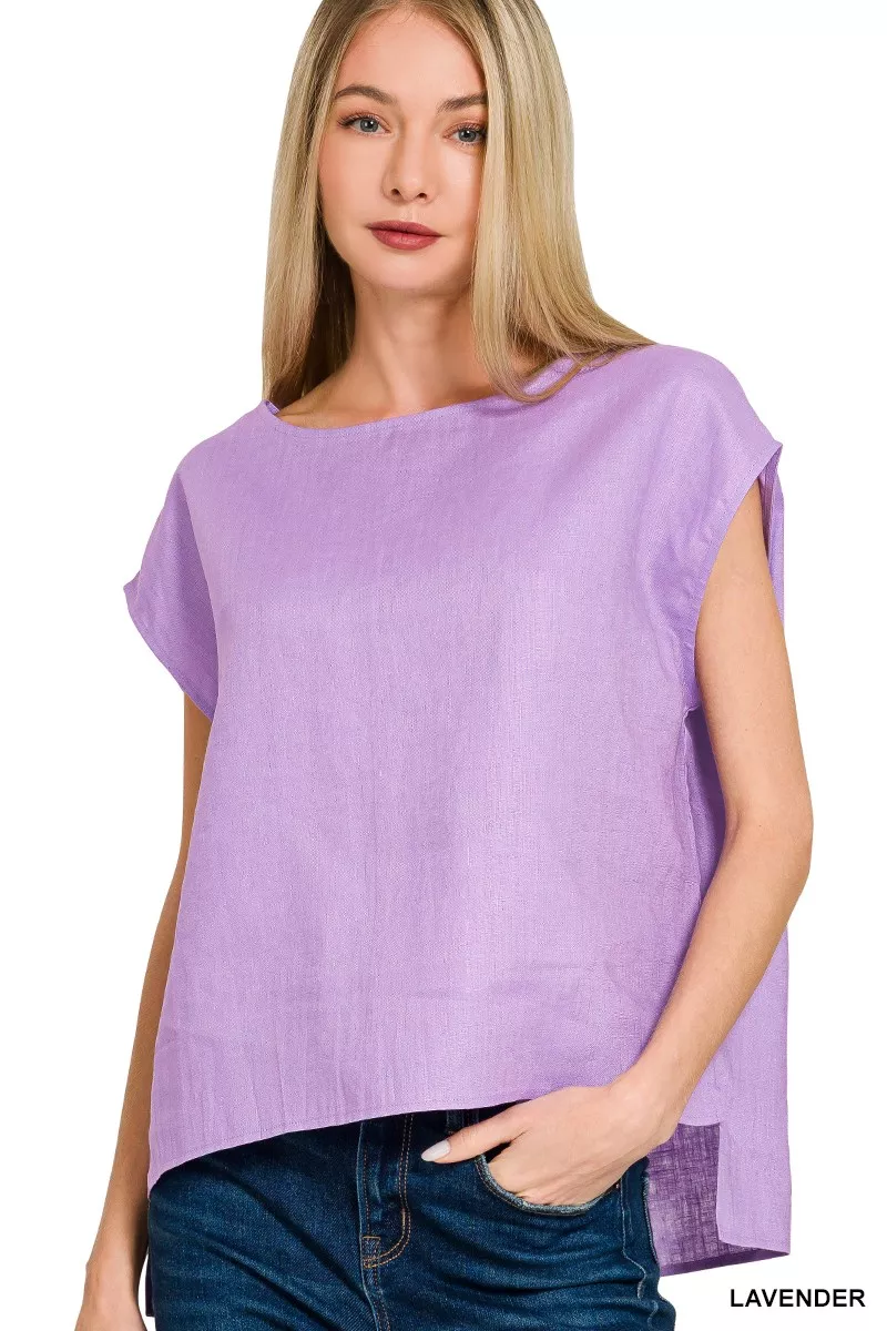 Linen Round Neck Cap Sleeve Top, image 3
