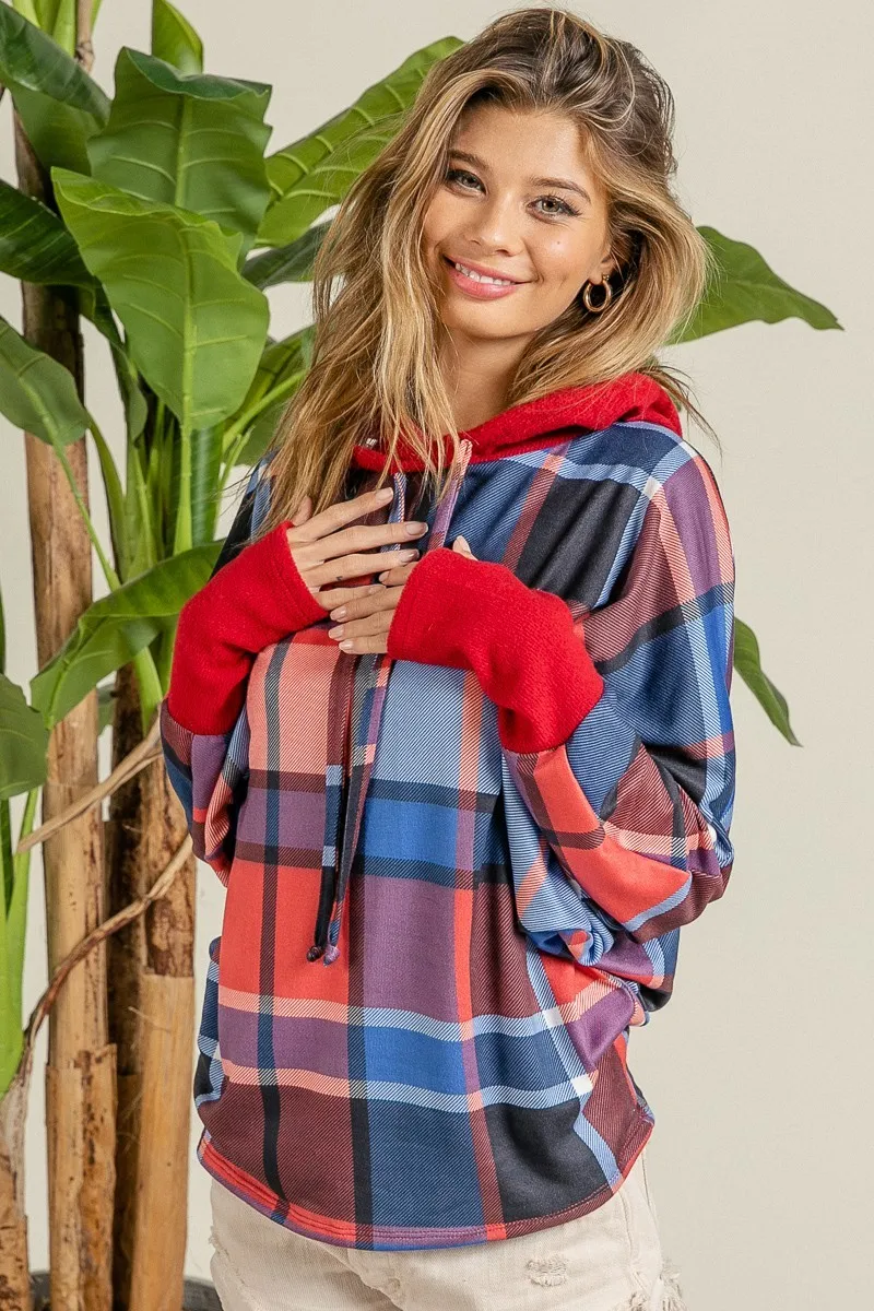Plaid Mirr Brushed Rib Contrast Thumb Open Hoodie, image 7