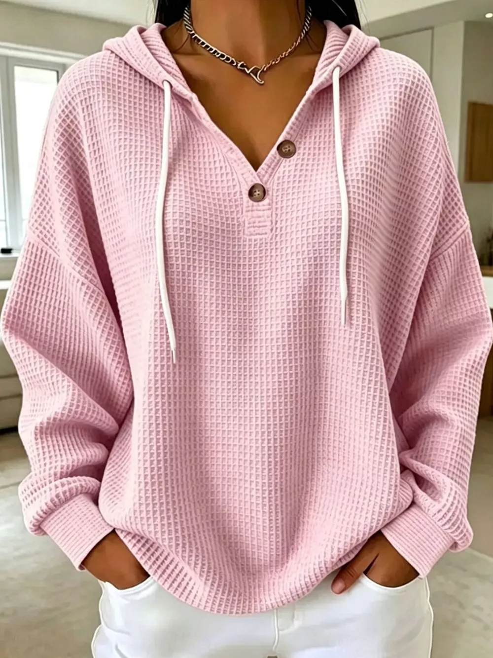 Full Size Waffle Knit Button Detail Hoodie Plus Size, image 15