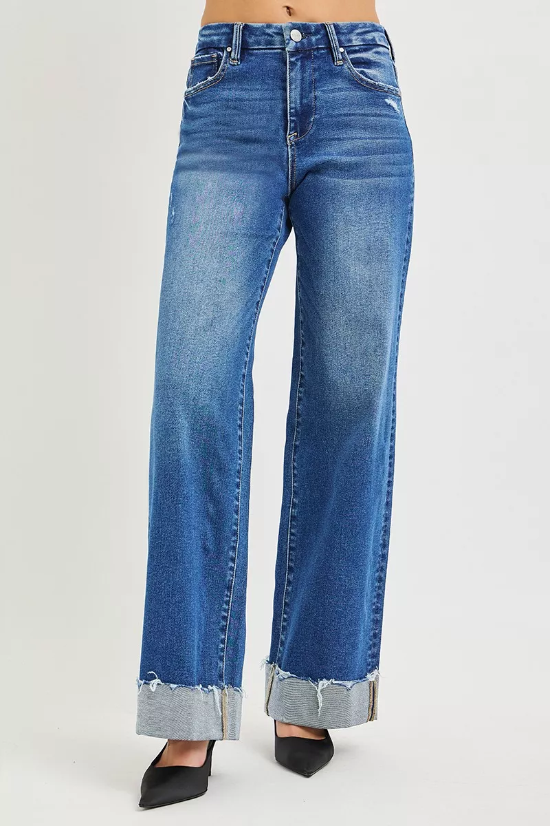 High Rise Wide Leg Jeans With Cuffed Hem