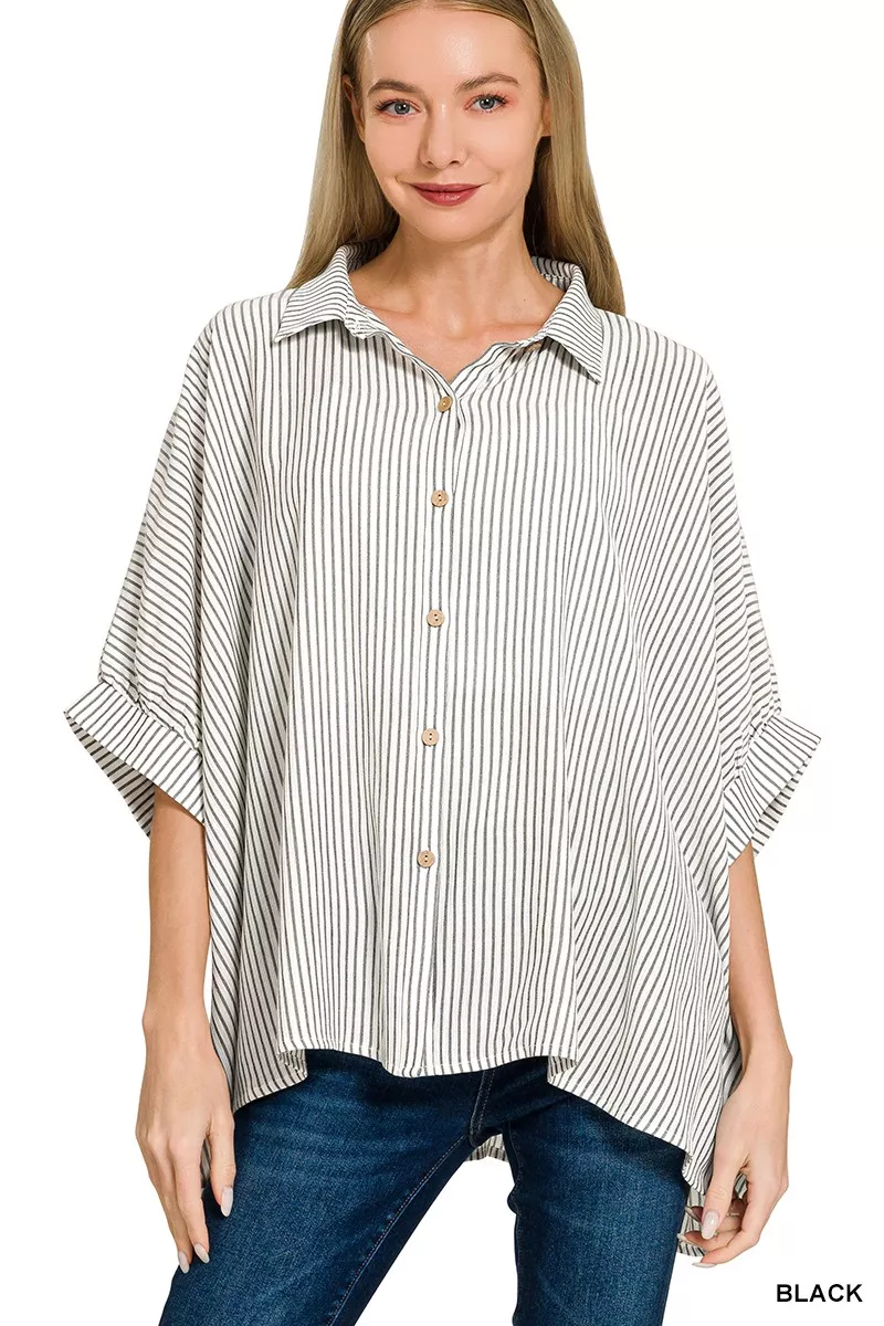 Full Size Woven Stripe Button Down Boxy Shirt Plus Size