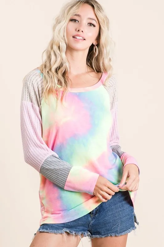 Tie Dye Terry Top with Color Block Pointelle Knit, image 2