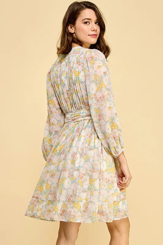 Chiffon Floral Print Belted Dress with Back Zipper, image 3