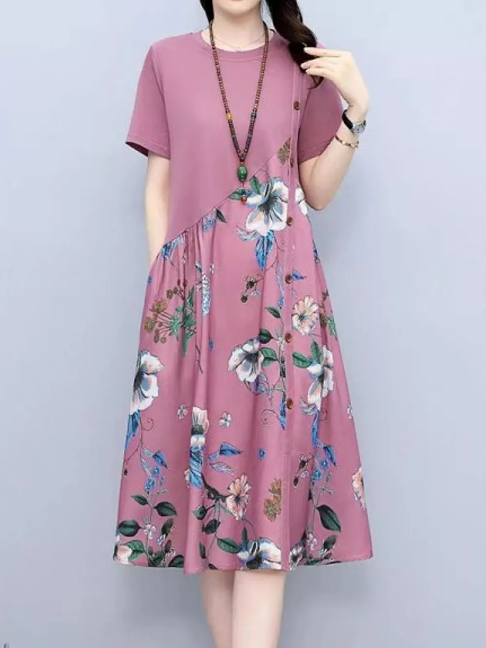 Plus Size Floral Print A-Line Midi Dress with Asymmetric Button Detail, image 8