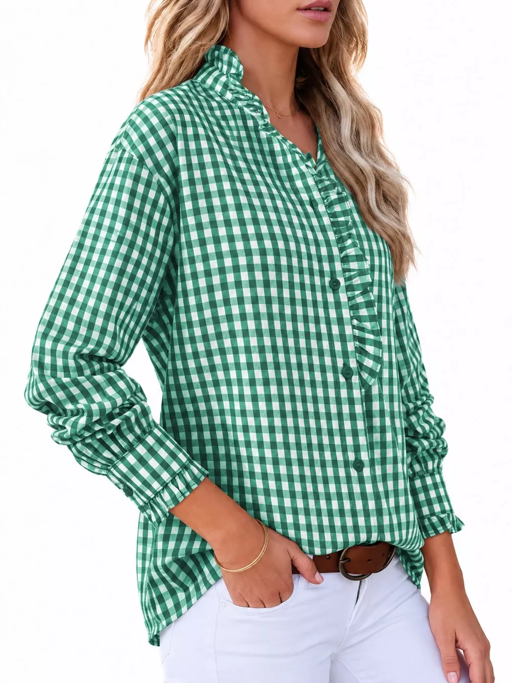 Gingham Ruffle Trim Stand Collar Shirt, image 9