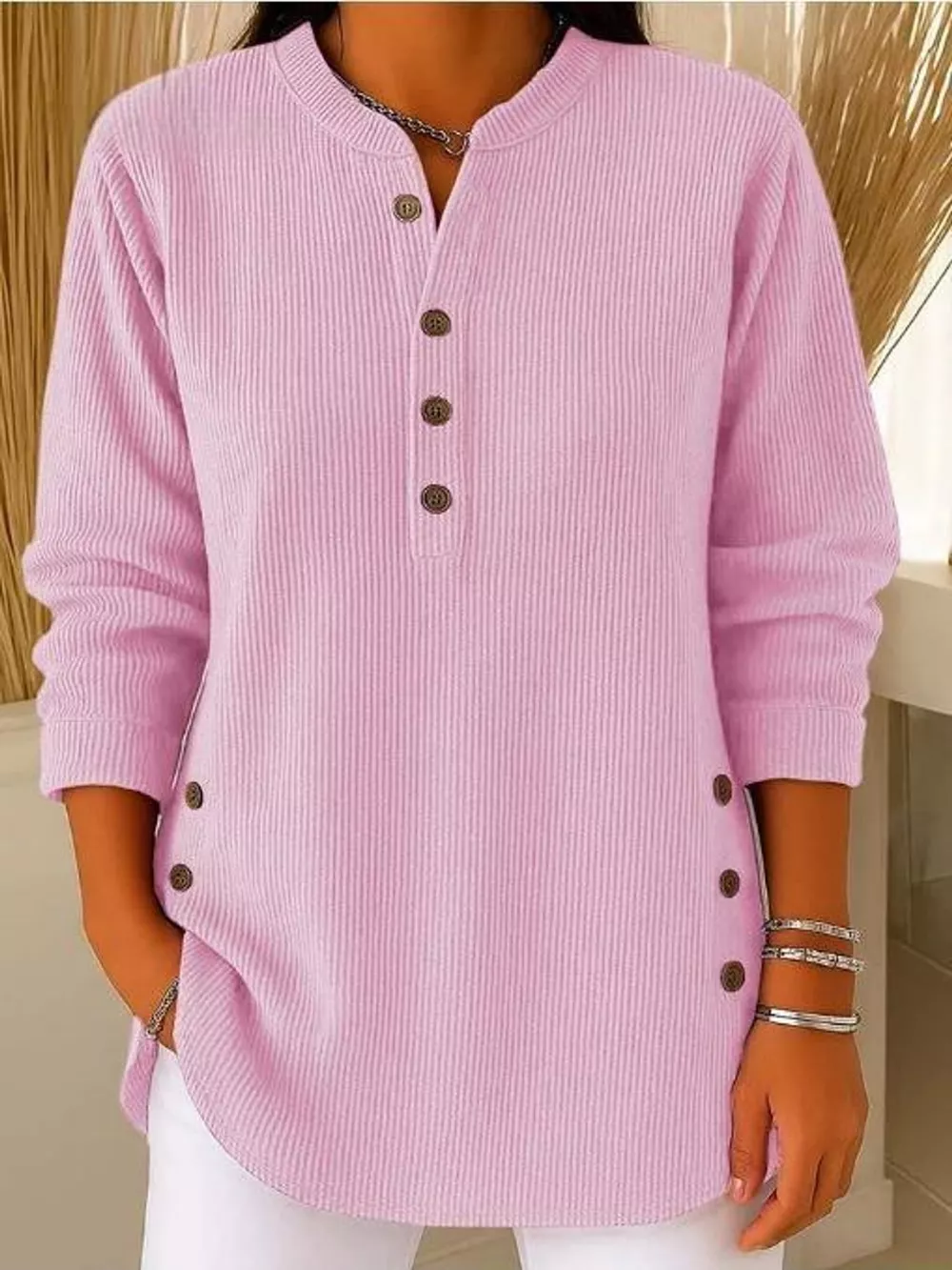 Full Size Button Detail Long Sleeve Top Plus Size, image 33