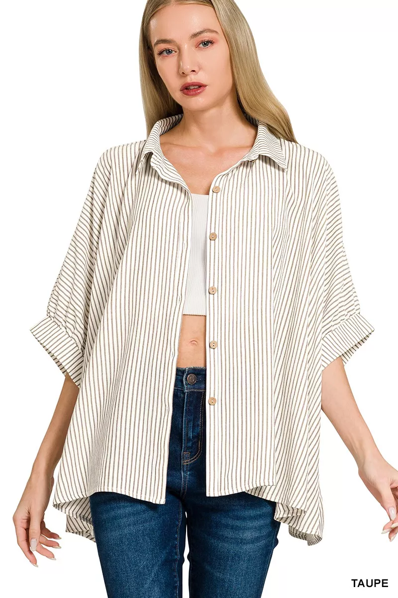 Full Size Woven Stripe Button Down Boxy Shirt Plus Size, image 5