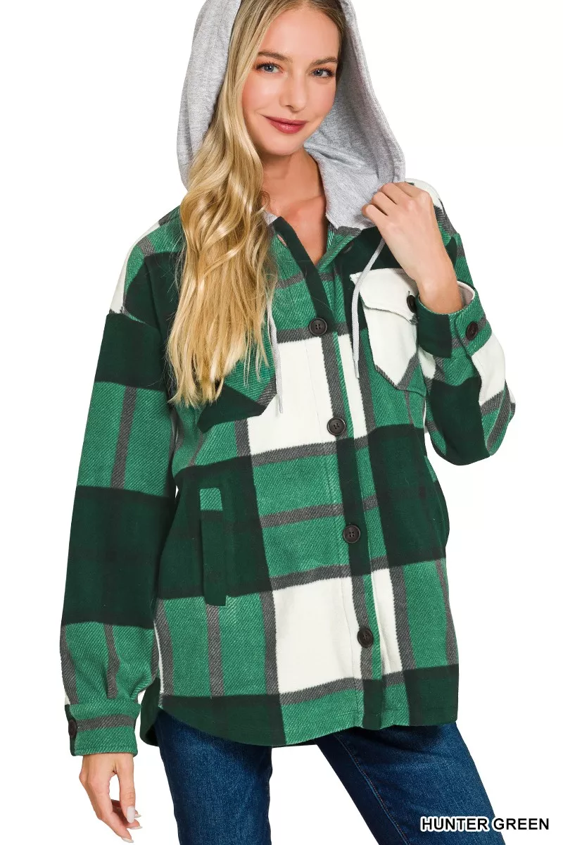 Plaid Drawstring Hooded Fleece Shacket, image 4