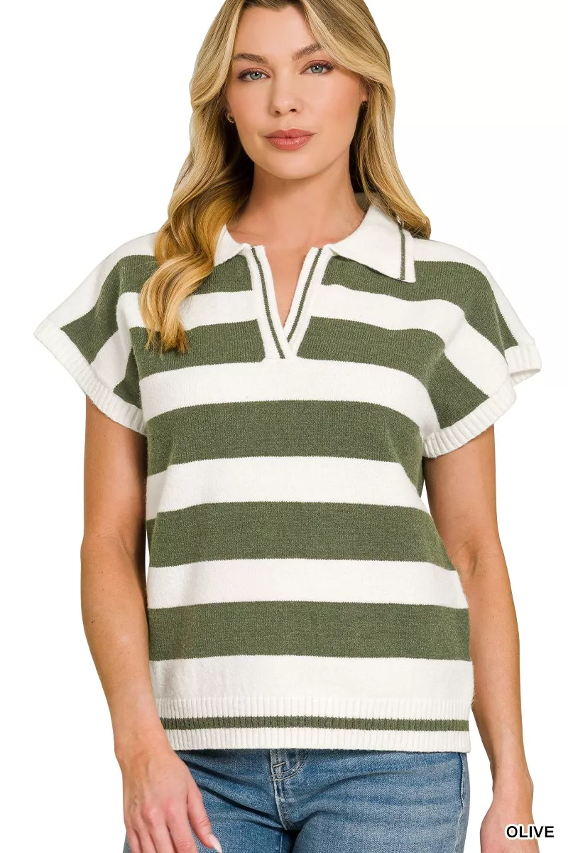 Striped Collared Short Sleeve Sweater