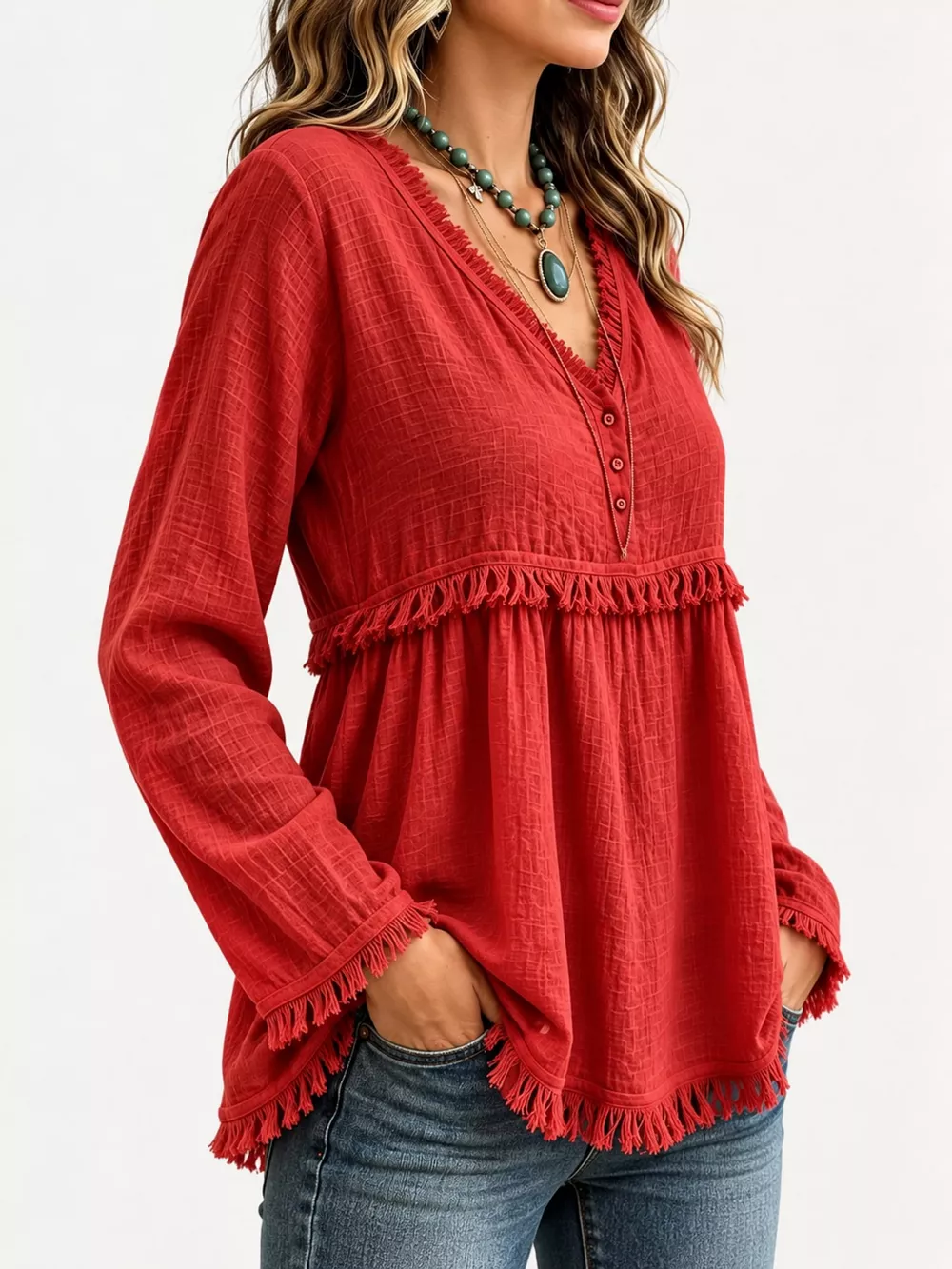 Full Size Fringed Trim V-Neck Long Sleeve Blouse Plus Size, image 65