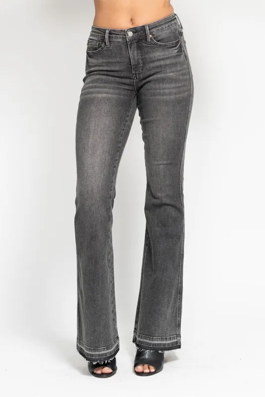 Full Size Mid Rise Tummy Control Washed Gray Release Hem Flare Jeans Plus Size