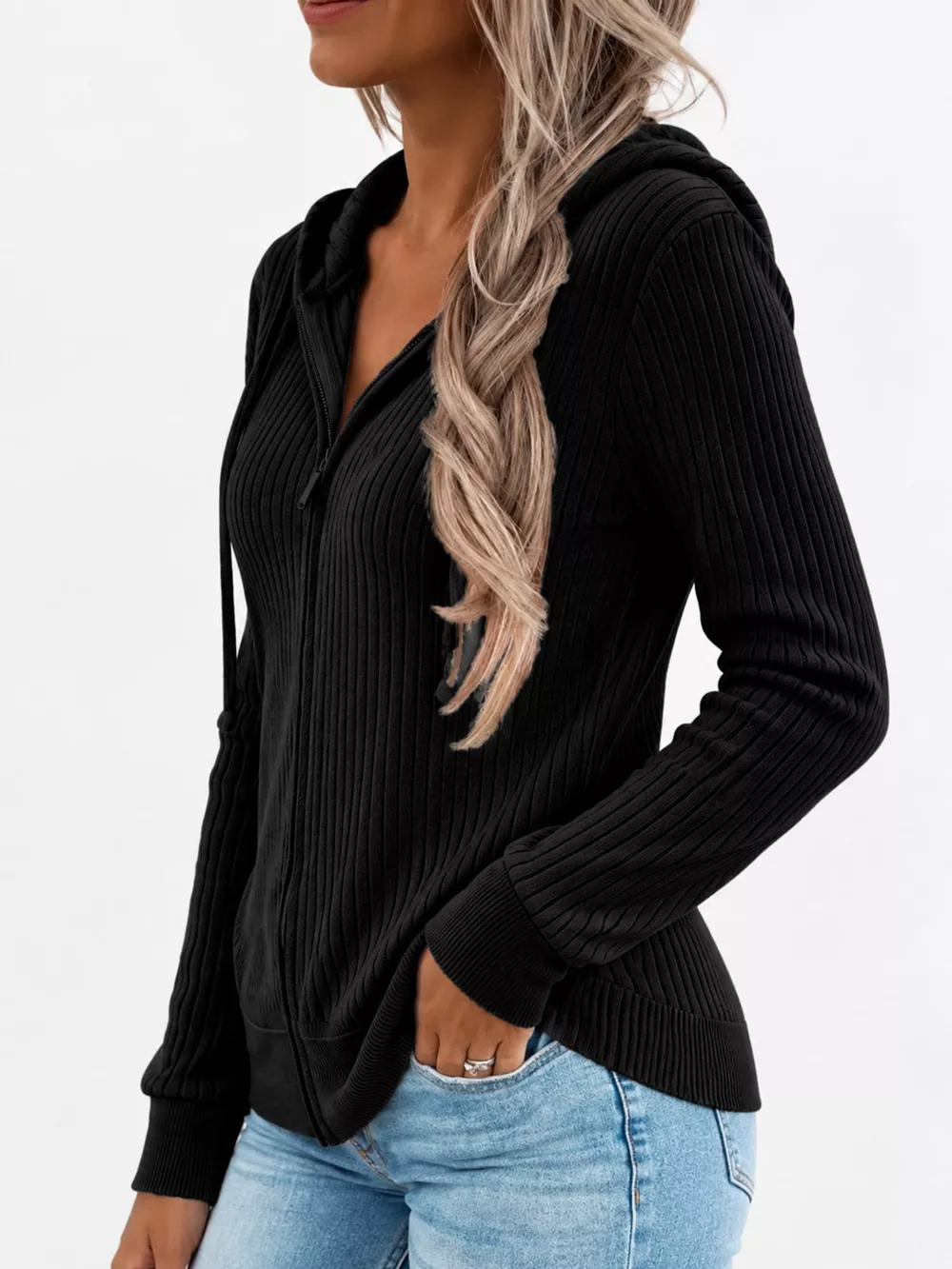 Full Size Ribbed Knit Zip-Up Hooded Cardigan Plus Size, image 5