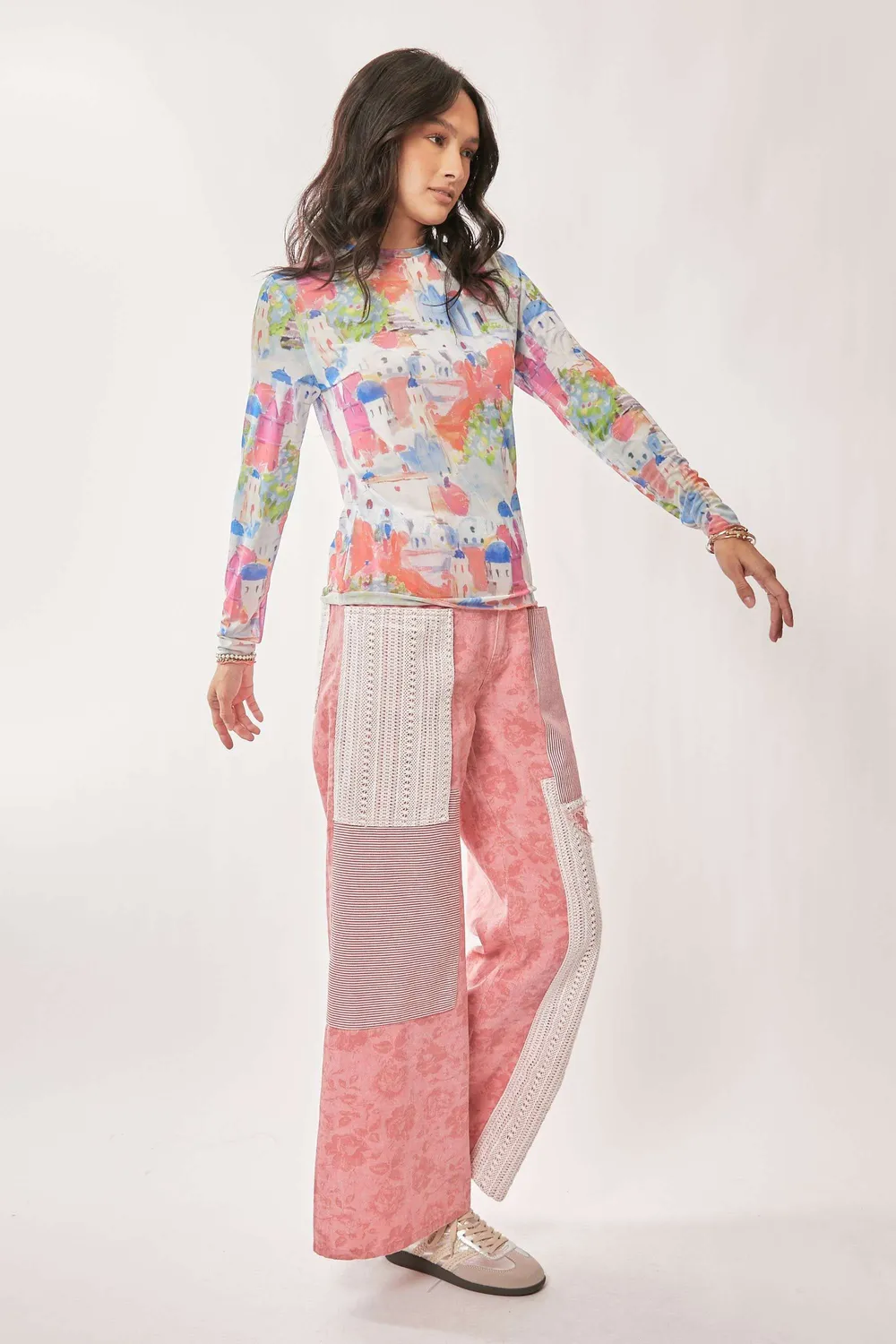 Multi Printed Mesh Round Neck Long Sleeve Top, image 2