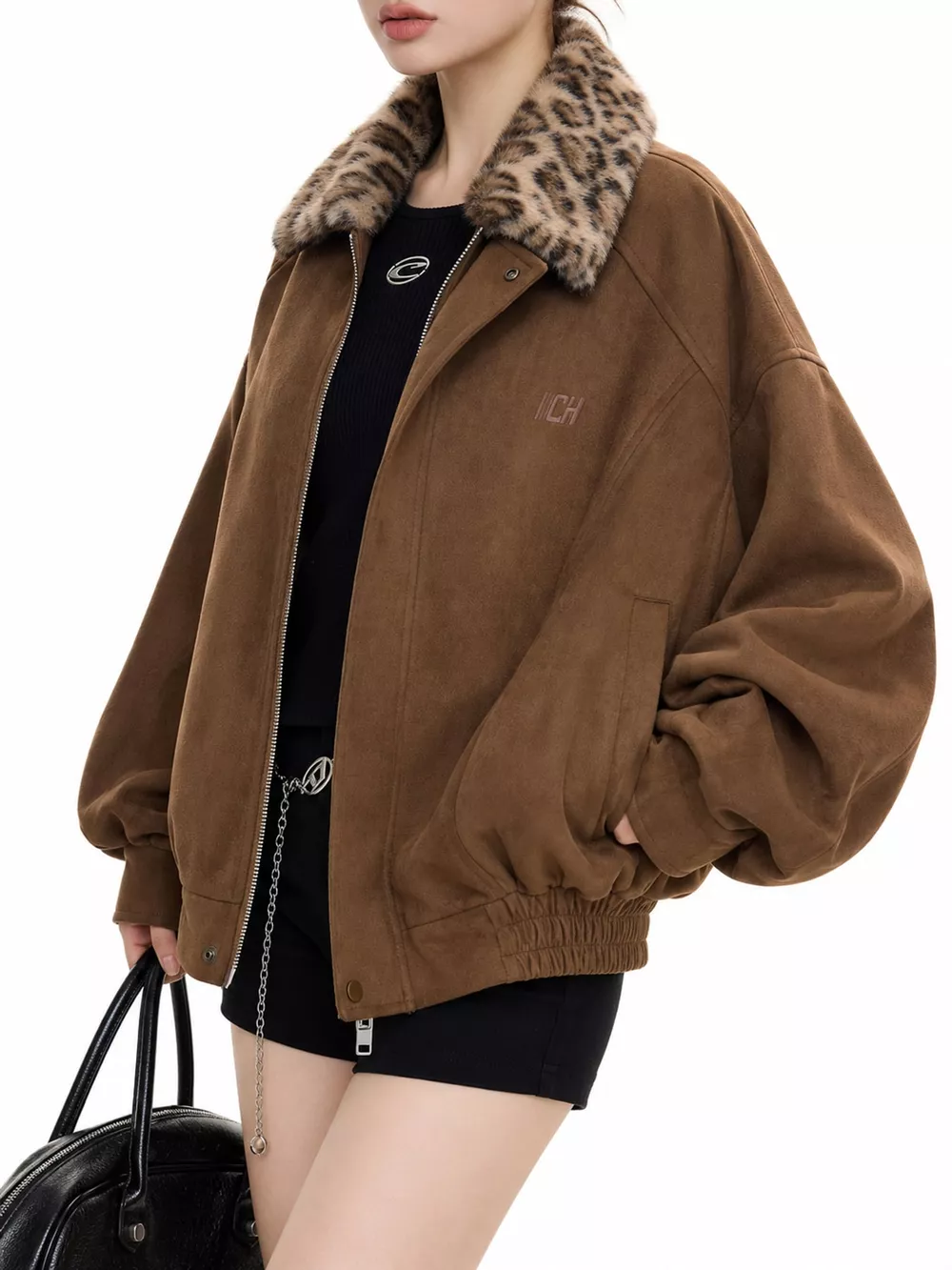 Faux Fur Collar Zip Up Jacket, image 6