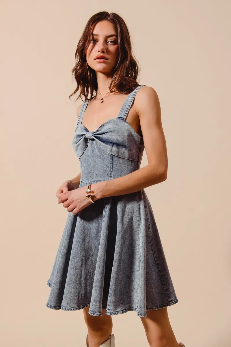 Mineral Washed Bow Ribbon Denim Flare Dress, image 5