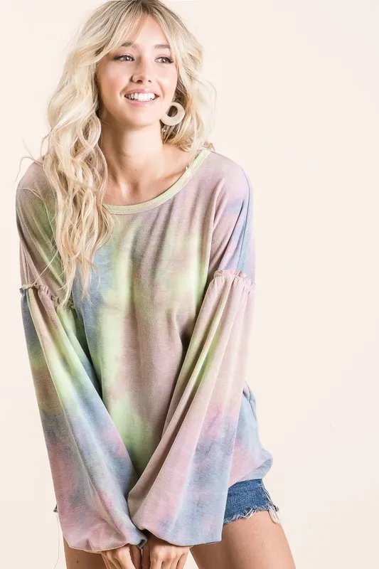 Tie Dye French Terry Sweatshirt With Bubble Sleeves, image 3