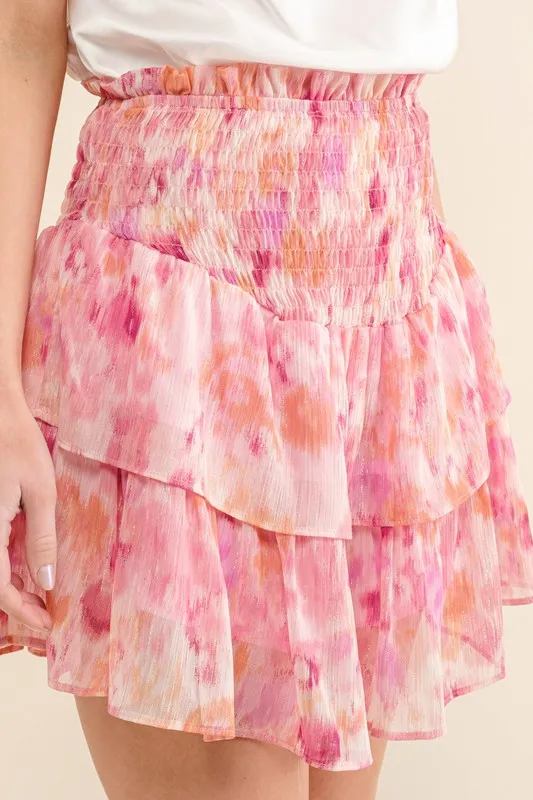 Printed Lurex Smocked Waist Tiered Skort, image 5