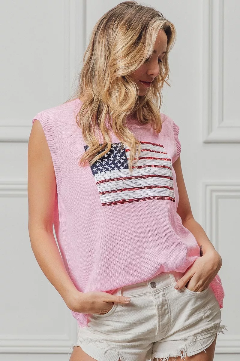 American Flag Sequins Patch Knit Top, image 2