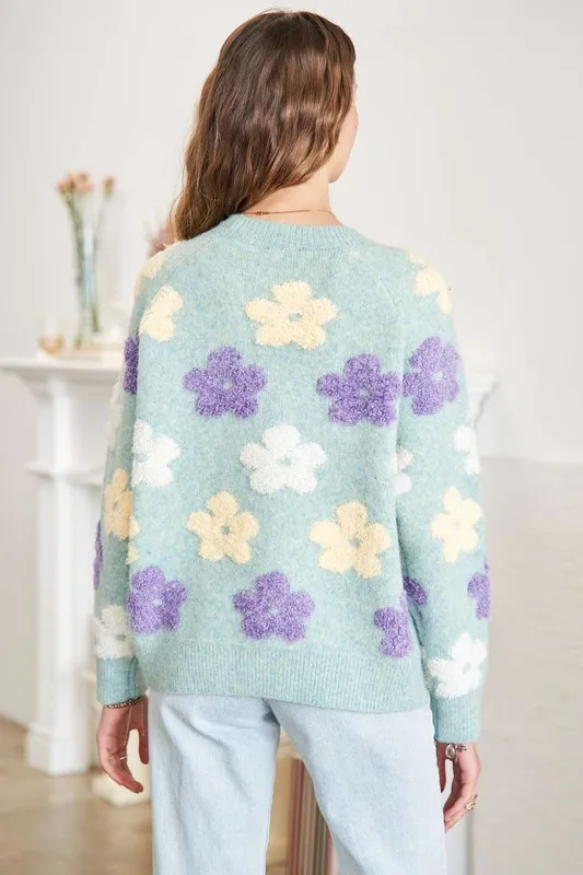 Full Size Floral Popped 2-Tone Sweater Top Plus Size, image 2