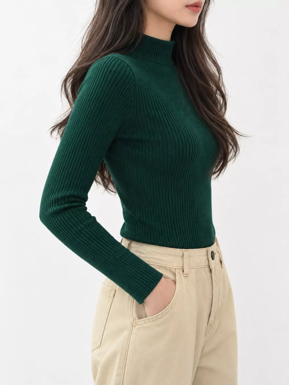 Elegant Slim-Fit Ribbed Mock Neck Knit Top, image 59