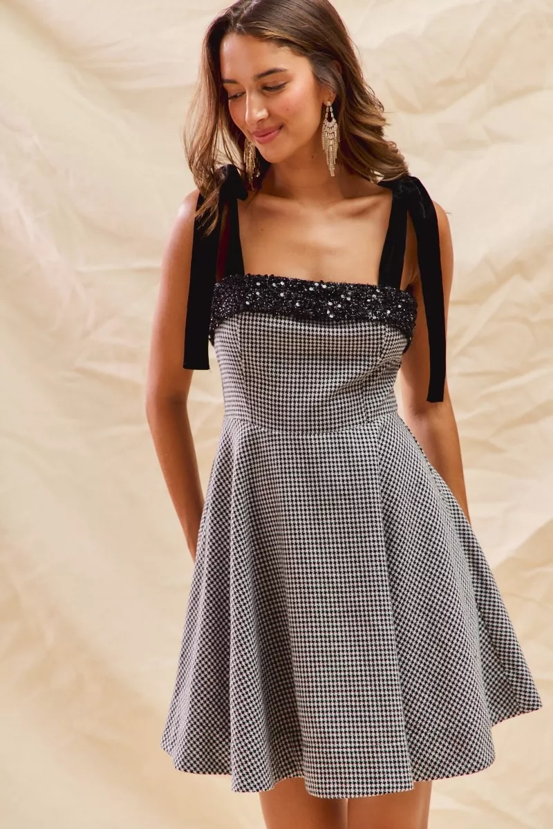 Houndstooth Fit Flare Mini Dress with Shoulder Tie, image 3