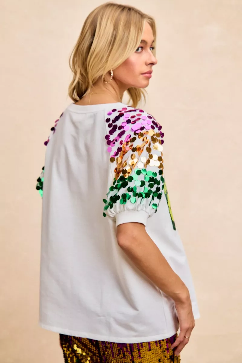 Sequin Mardi Gras Bottles Spangled Sleeve Top, image 4