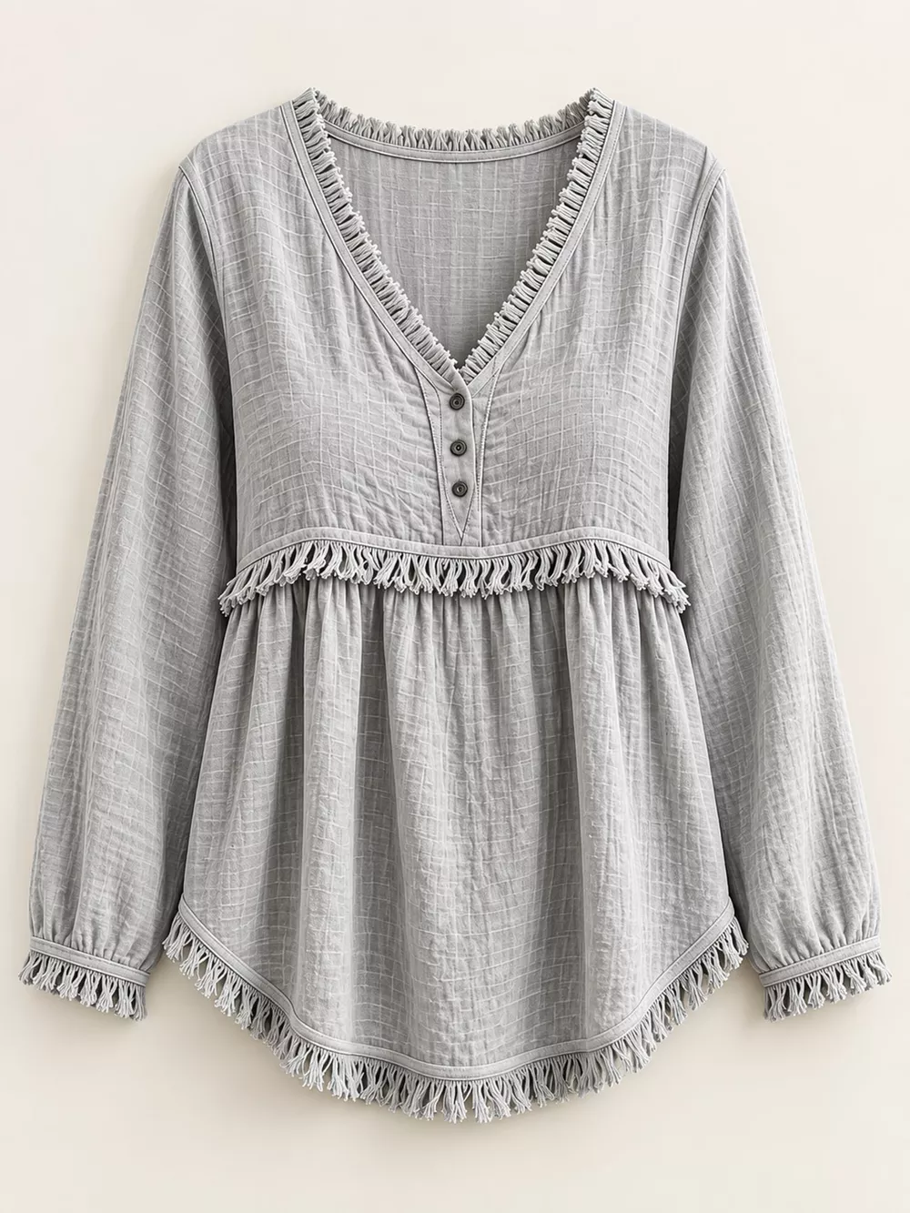 Full Size Fringed Trim V-Neck Long Sleeve Blouse Plus Size, image 62