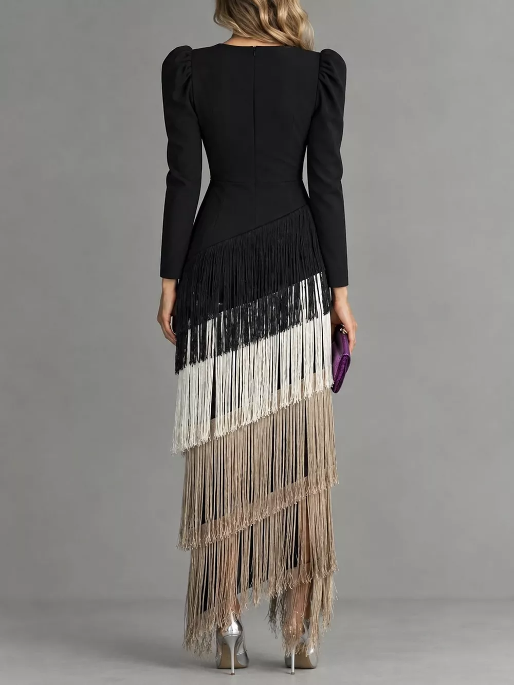 Fringed V-Neck Puff Sleeve Maxi Dress, image 30