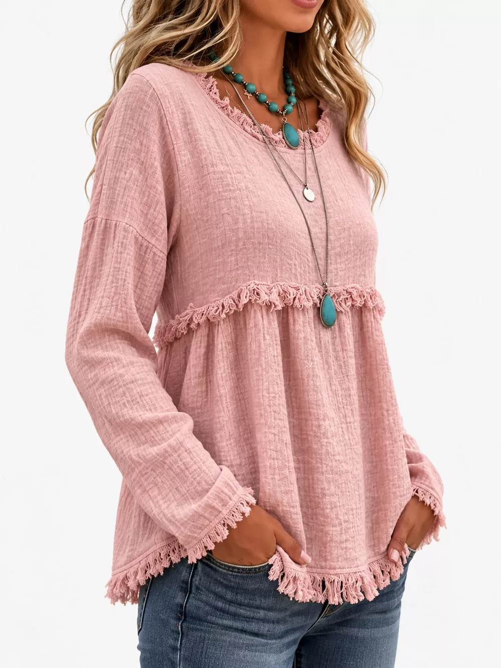 Full Size Frayed Hem Textured Blouse Plus Size, image 15