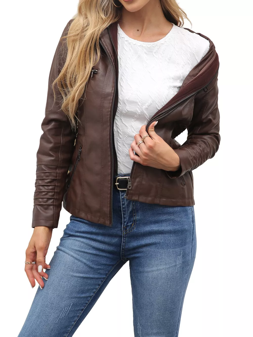 Full Size Detachable Hooded Faux Leather Moto Jacket Plus Size, image 10