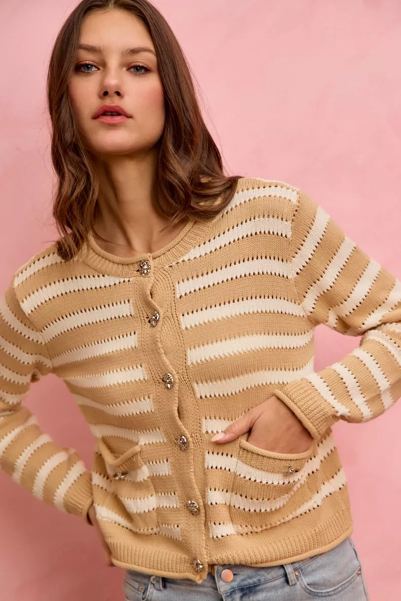 Stripe Long Sleeves Button Sweater Cardigan, image 3