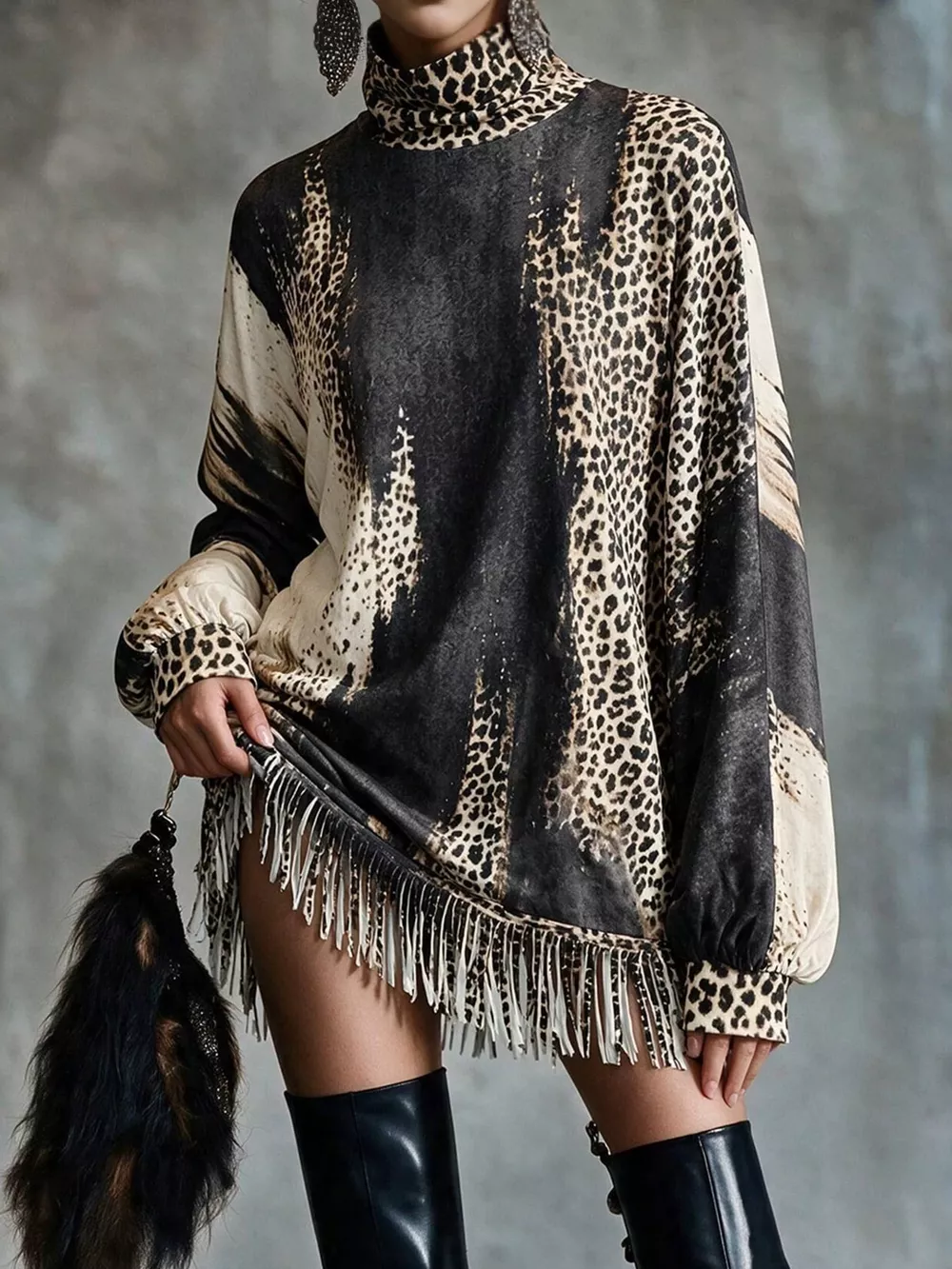 Leopard Print Mock Neck Fringe Hem Mini Dress, image 2
