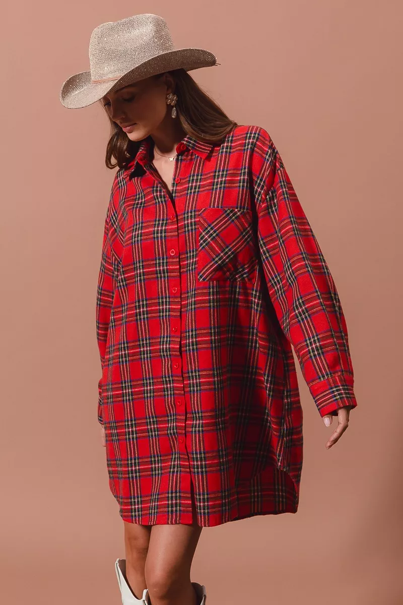 Christmas Checker Plaid Button Up Shirt Dress, image 5