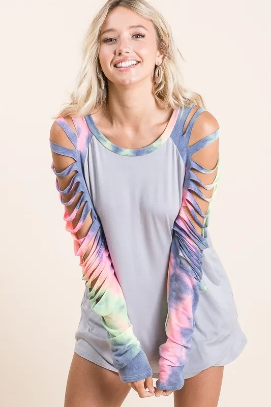 Jersey Knit Top with Tie Dye Laser Cut Sleeves, image 3