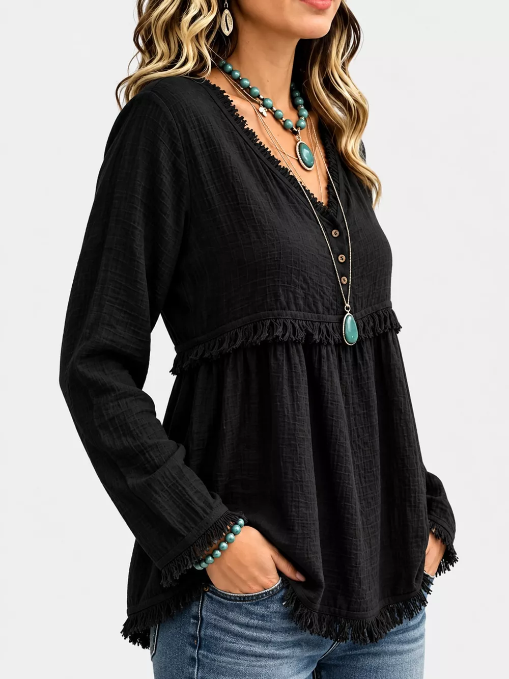 Full Size Fringed Trim V-Neck Long Sleeve Blouse Plus Size, image 23