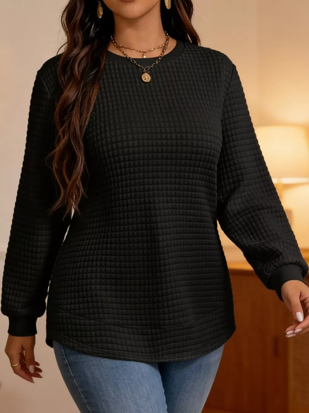 Plus Size Textured Waffle Knit Crew Neck Sweatshirt, image 10
