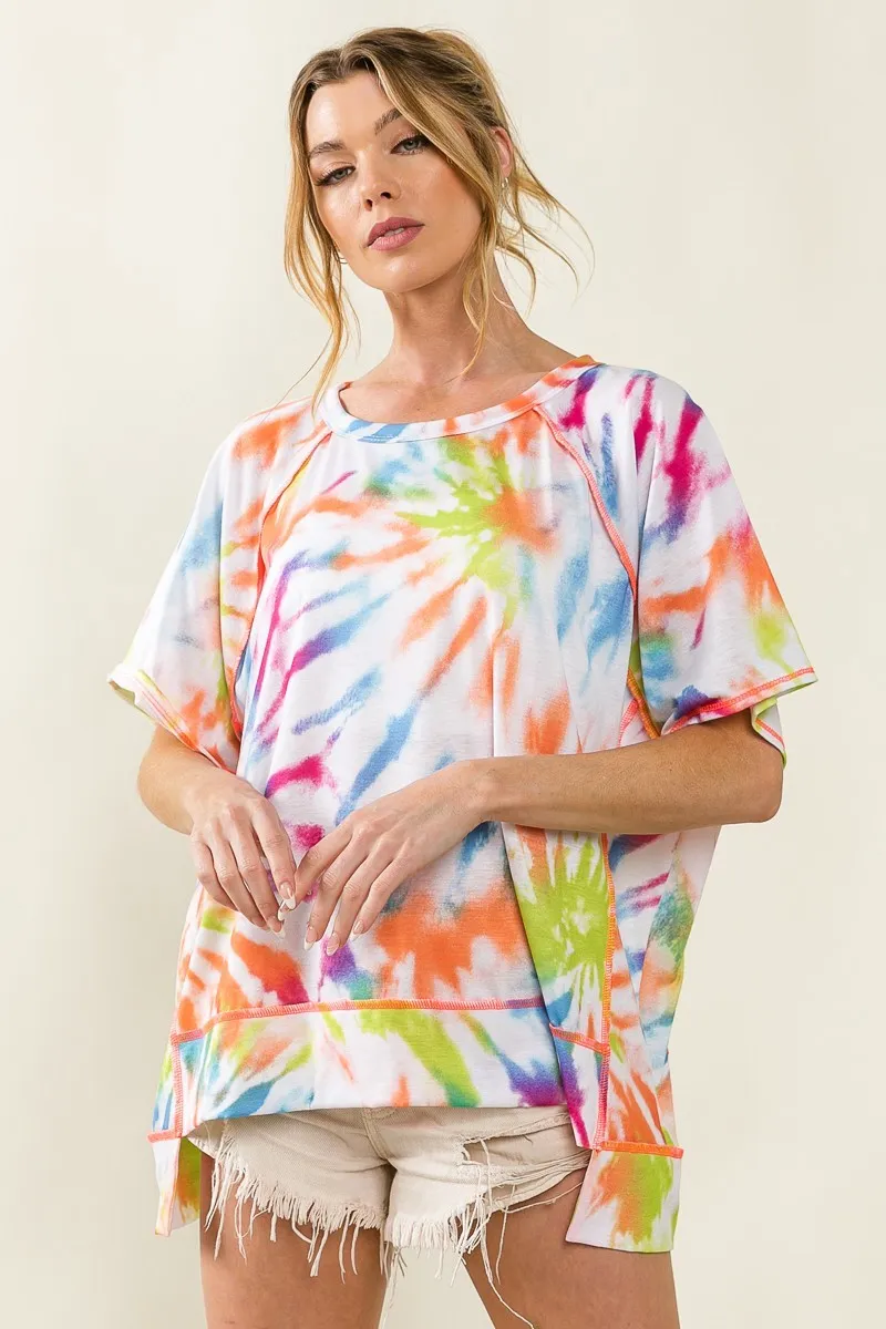Tie Dye Print Jersey Stitched Uneven Hem Top, image 3