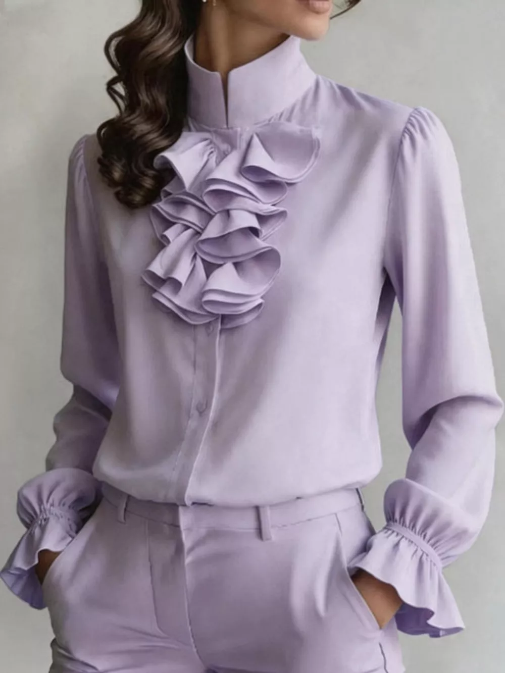 Ruffled Stand-Collar Blouse with Long Lantern Sleeves, image 23