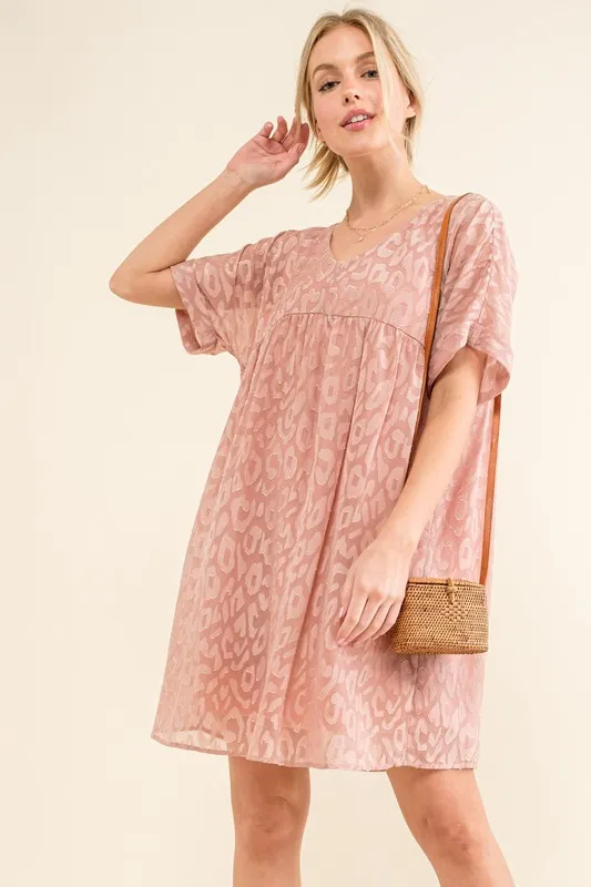 Woven Leopard Baby Doll Roll-Sleeve Casual Dress, image 2