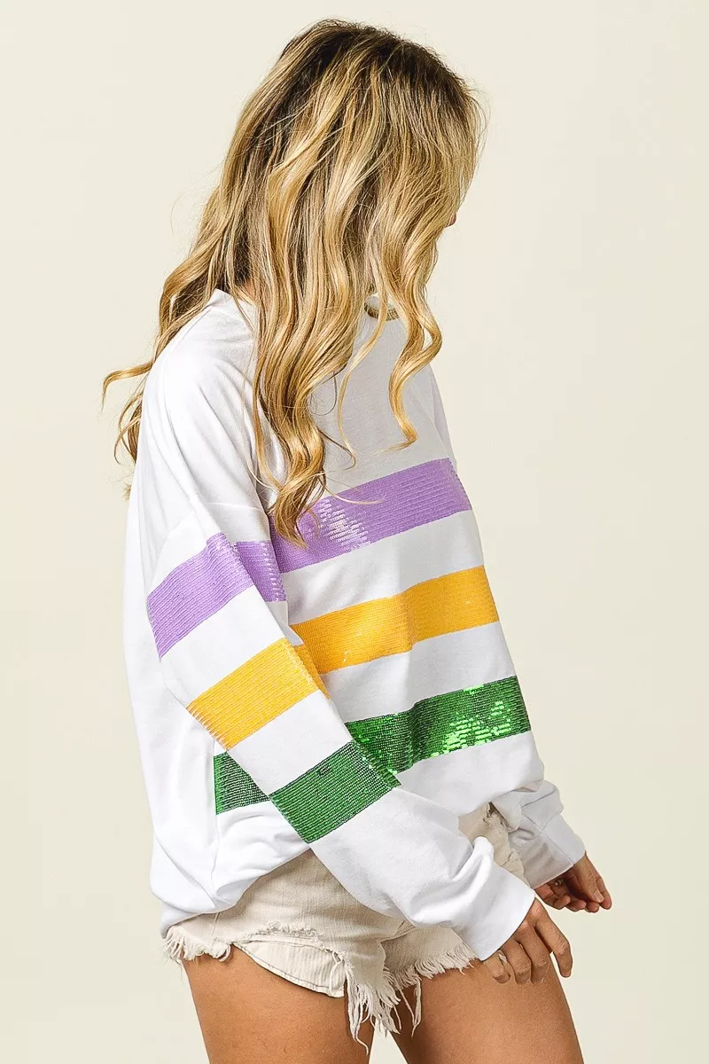 Sequin Mardi Gras Striped Round Neck Sweatshirt, image 2