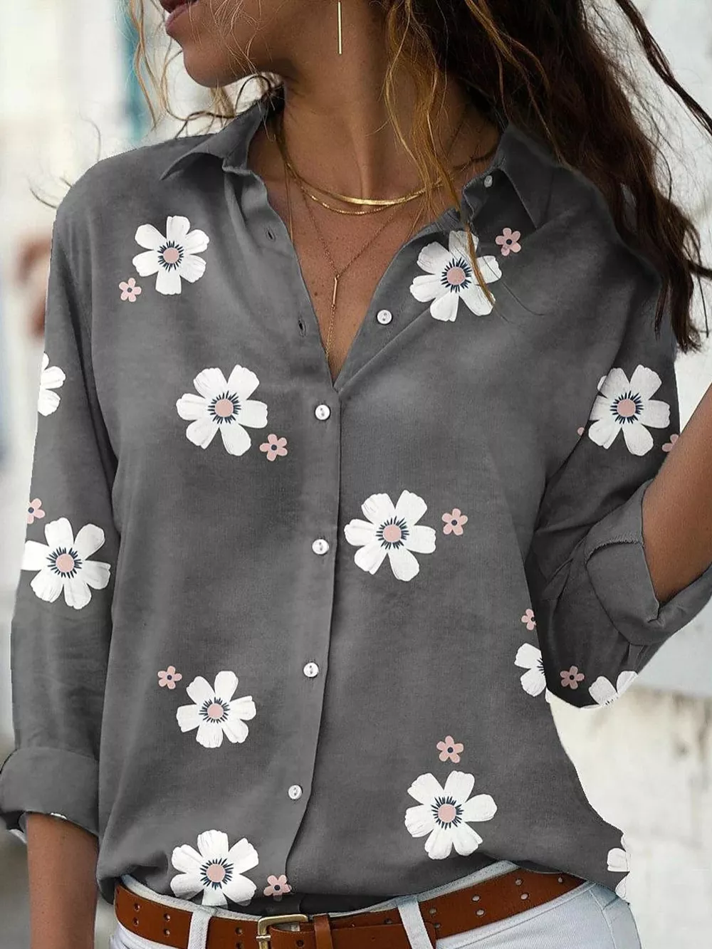 Full Size Floral Print Button-Down Casual Shirt Plus Size