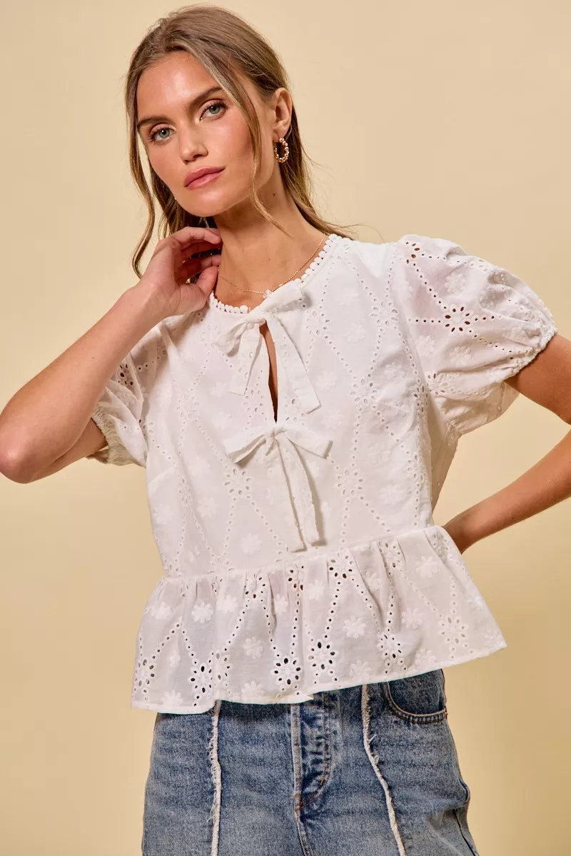 Cotton Eyelet Front Tie Short Sleeves Blouse, image 4