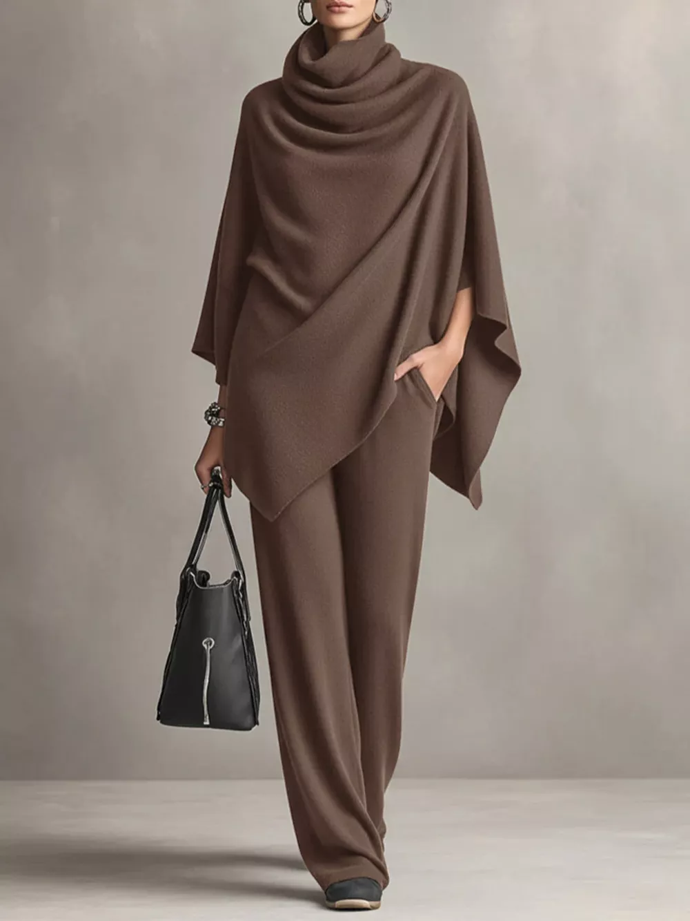 Full Size Turtleneck Poncho and Wide-Leg Pants Set Plus Size, image 5