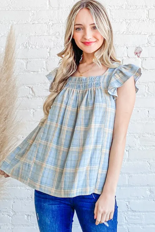 Plaid Print Smocked Detail Ruffle Baby Doll Top, image 4