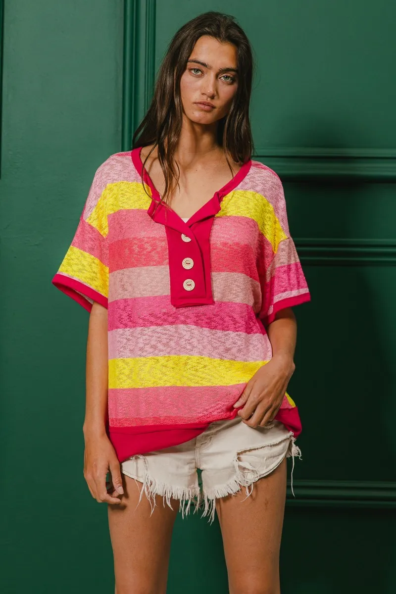 Multi Color Stripe Hacci Button Detail Ringer Top, image 2